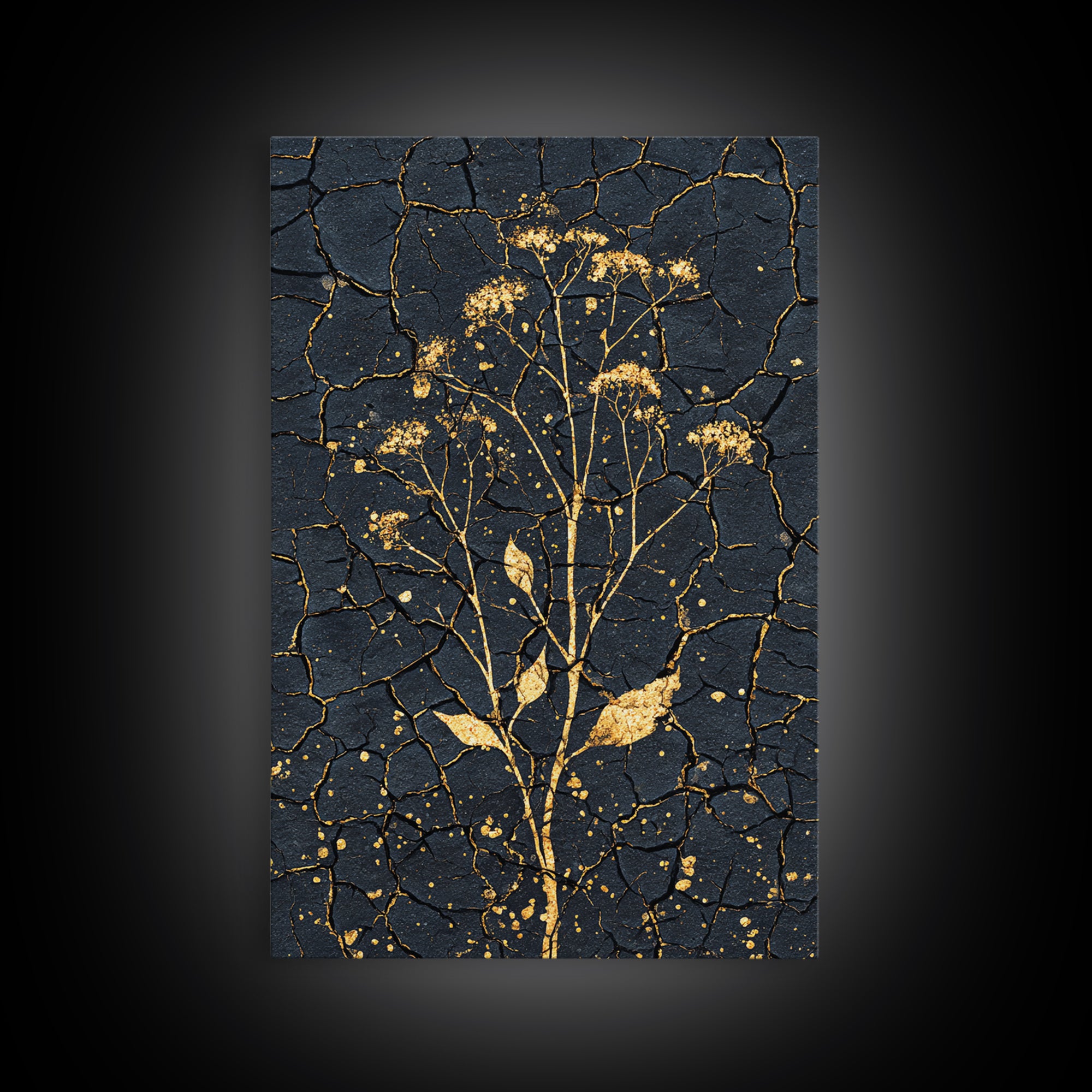 Gold Wildflower On Cracked Black Wall Art, Elegant Botanical Art Print, Black And Gold Design For Bedroom Home Decor Gift