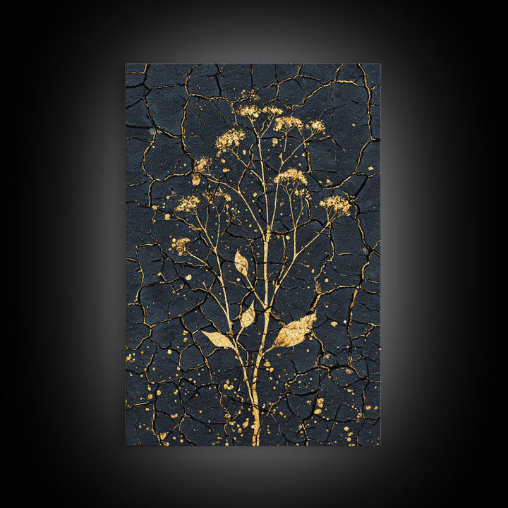 Gold Wildflower On Cracked Black Wall Art, Elegant Botanical Art Print, Black And Gold Design For Bedroom Home Decor Gift