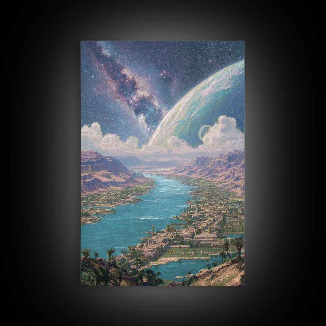 Cosmic River Valley Planet Canvas Print, Dreamy Sci Fi Landscape Art, Large Wall Art For Living Room Statement Decor And Gift