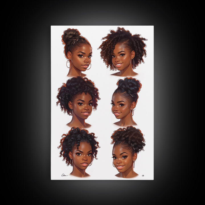 Six Black Women Hairstyle Portraits Wall Art, Afrocentric Beauty Print, Black Girl Magic Decor, Melanin Gift For Her, Home Decor