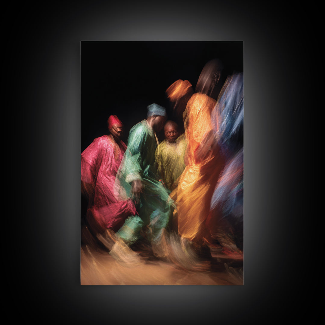 Colorful African Dancers In Flowing Robes Framed Canvas Print, Cultural Celebration Art, Vibrant Ethnic Wall Decor Gift Idea