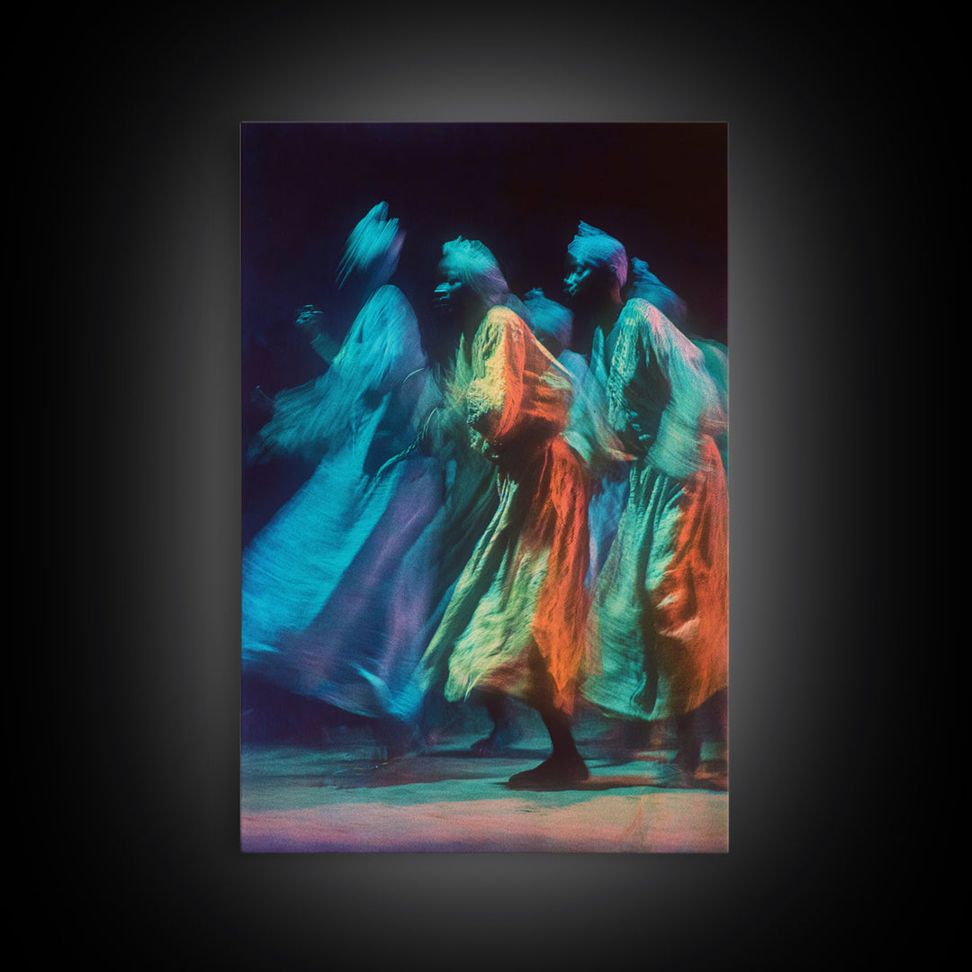 Blue And Orange African Robed Dancers Canvas Print, Spiritual Motion Art, Cultural Wall Decor, Vibrant Afrocentric Gift Idea