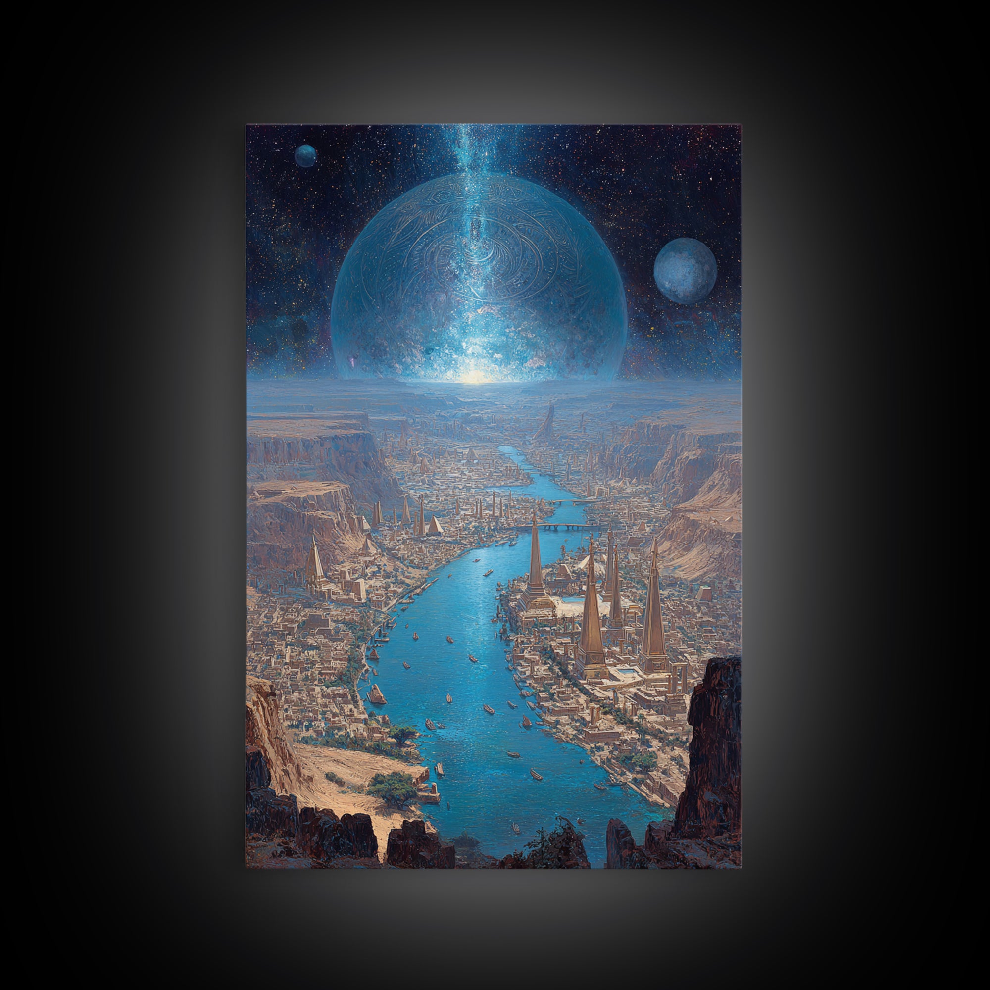 Afrofuturist Blue River City Under Planets Canvas Print, Sci Fi African Inspired Wall Art, Dreamy Landscape Home Decor Gift