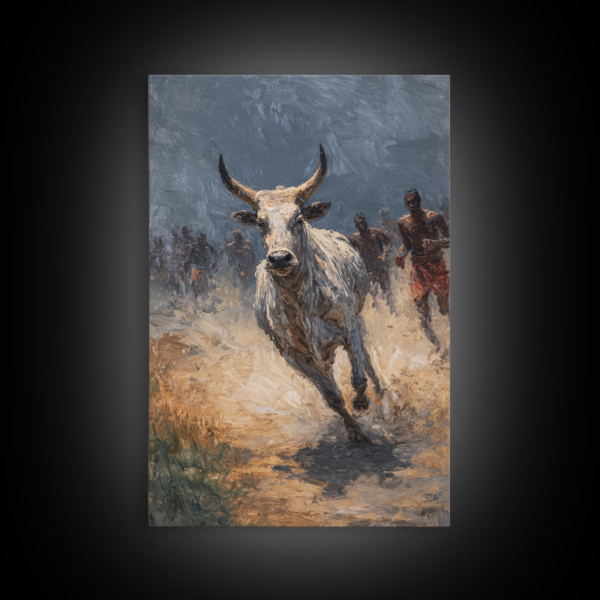 Charging White Bull And Dusty Runners Framed Canvas Print, African Warrior Art, Safari Cattle Race, Rustic Home Decor, Statement Wall Decor