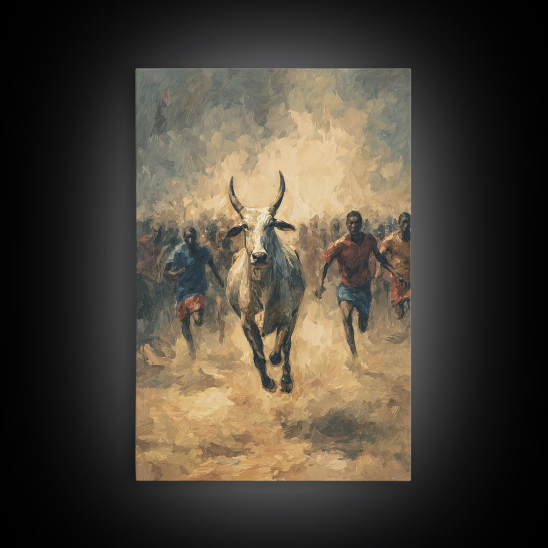 White Bull Racing Through Dust With Runners Framed Canvas Print, African Safari Art, Tribal Warrior Decor, Living Room Wall Art