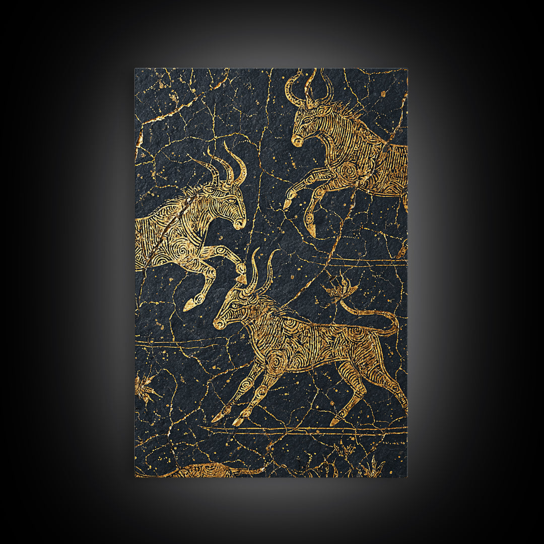 Gold Antelope Herd On Cracked Black Stone Canvas Print, African Animal Art, Tribal Line Drawing, Luxury Safari Wall Decor