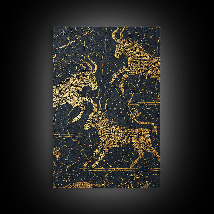Gold Antelope Herd On Cracked Black Stone Canvas Print, African Animal Art, Tribal Line Drawing, Luxury Safari Wall Decor