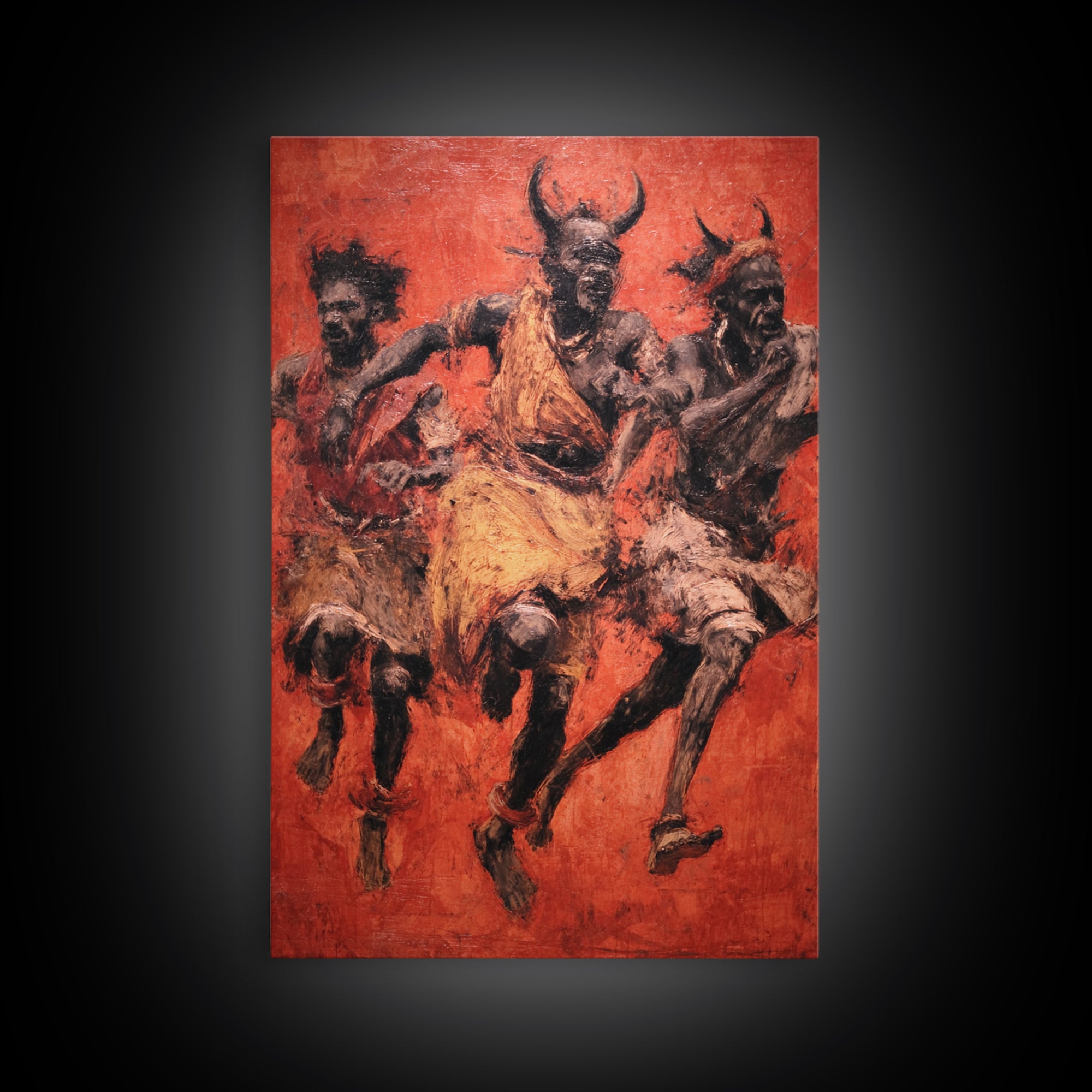Red Ochre Tribal Dancers With Horned Masks Canvas Print, African Warrior Art, Cultural Wall Decor, Expressive Home Decor