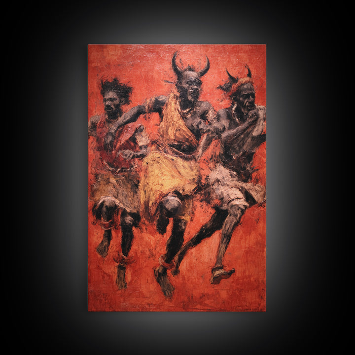 Red Ochre Tribal Dancers With Horned Masks Canvas Print, African Warrior Art, Cultural Wall Decor, Expressive Home Decor