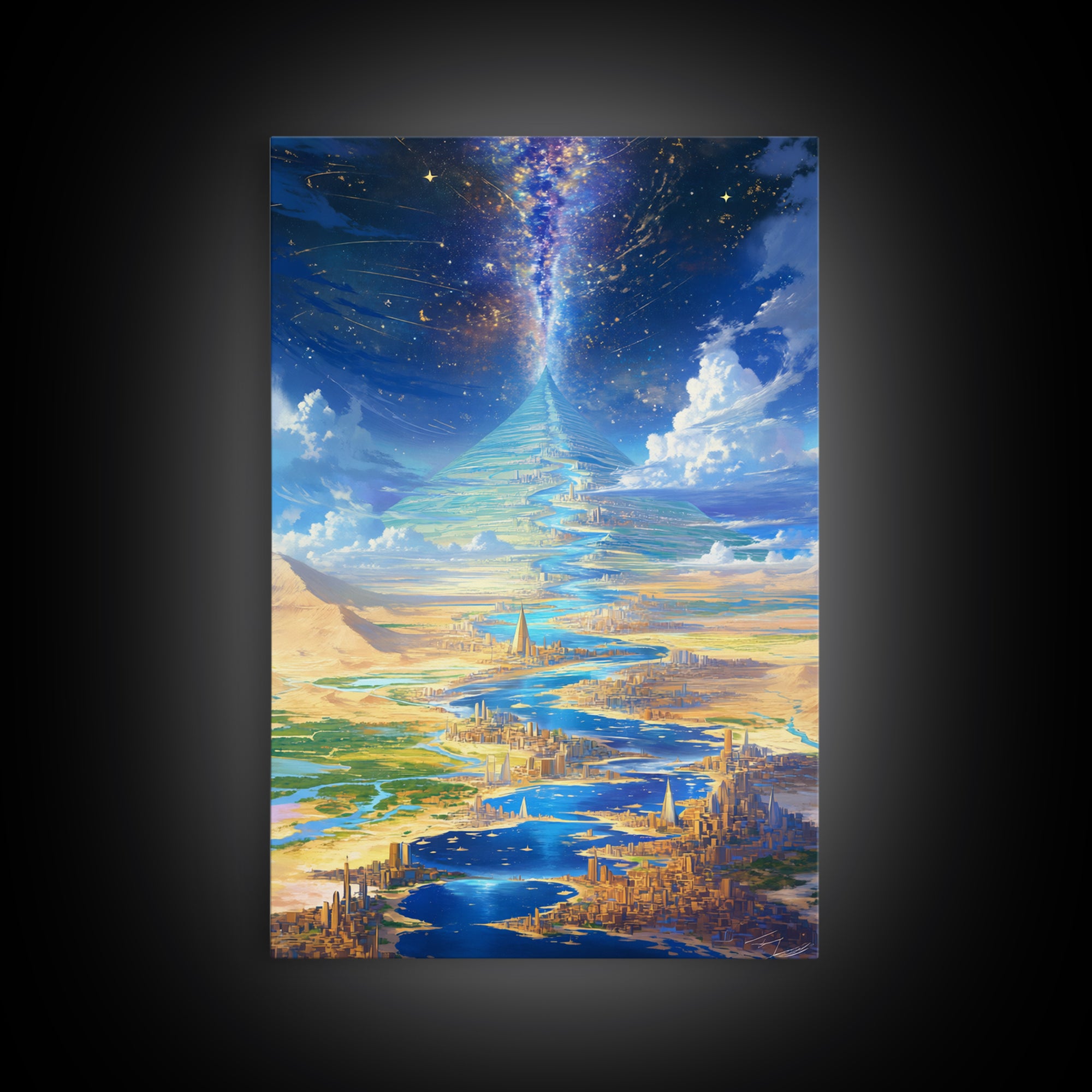 Celestial Pyramid City Beside Blue River Wall Art, African Egyptian Art, Afrofuturism Decor, Dreamy Spiritual Landscape Print