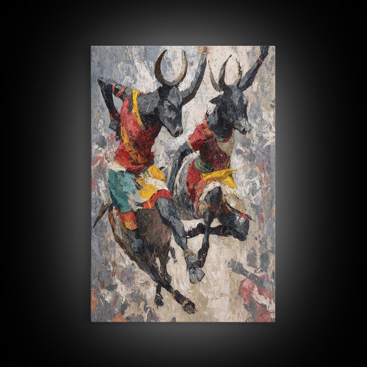 Colorful African Bull Riders Wall Art, Abstract African Art Print, Tribal Safari Decor, Cultural Living Room Canvas Gift