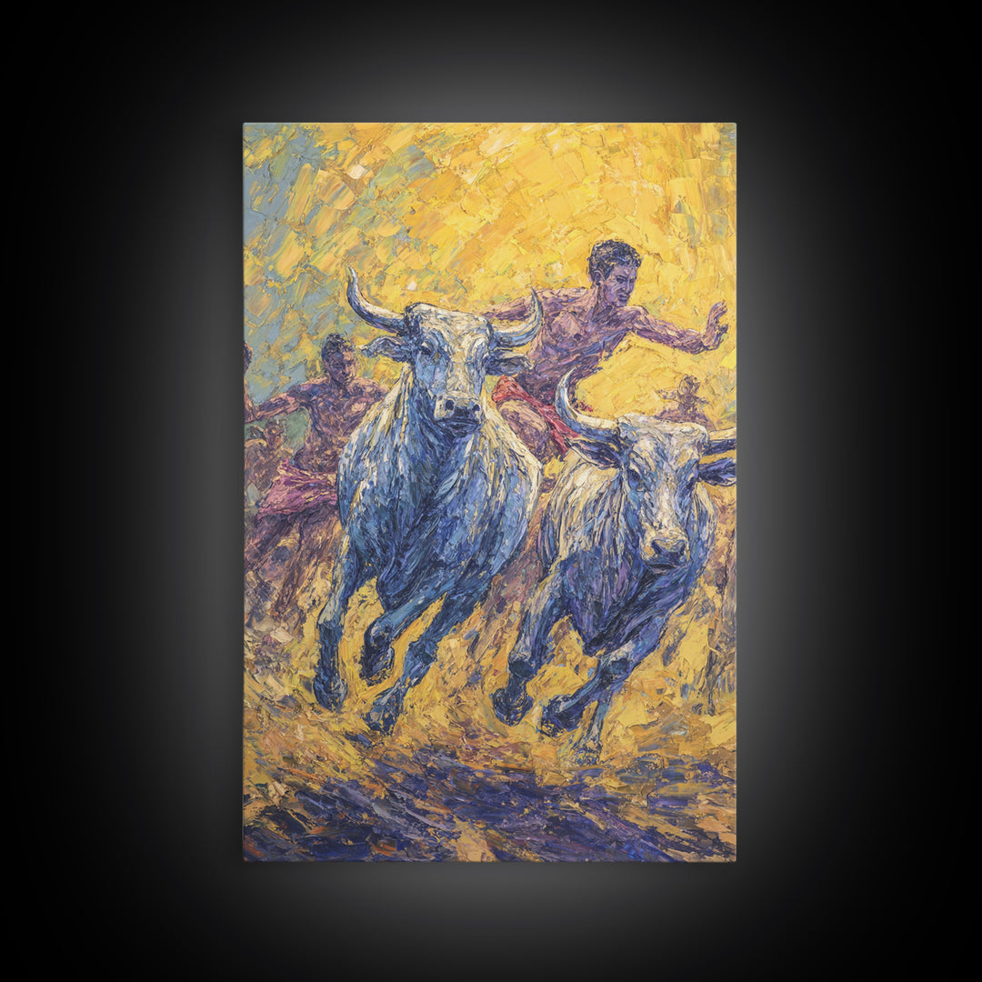 Charging Blue Bulls And Riders Canvas Print, Modern African Art, Warrior Safari Decor, Bold Cultural Wall Decor Gift For Him