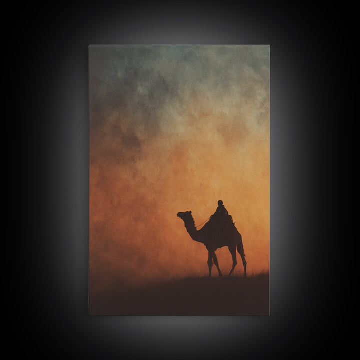 Solitary Camel Rider Wall Art, African Desert Sunset, Boho Safari Art Print, Earth Tone Bedroom Decor, Housewarming Gift