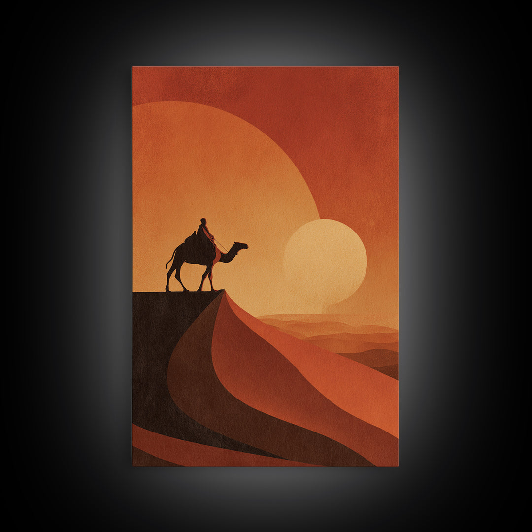 Minimalist Camel Rider Canvas Print, Orange Desert Sun Wall Art, African Travel Poster, Boho Home Decor, Unique Gift Idea