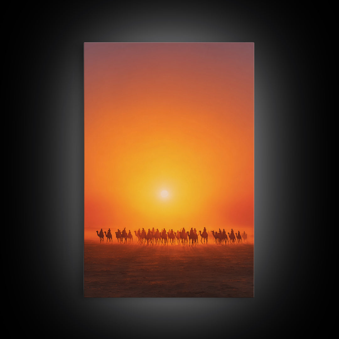 Sunset Camel Caravan Wall Art, African Safari Art, Orange Desert Landscape Poster, Statement Living Room Decor Gift For Him