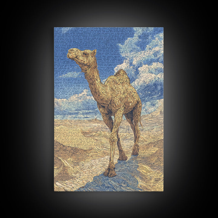 Detailed Camel Portrait Canvas Print, African Desert Landscape, Blue Gold Safari Art, Textured Art Print, Unique Wall Decor