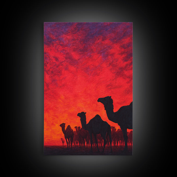 Fiery Red Camel Herd Wall Art, African Safari Art Print, Desert Sunset Poster, Bold Orange Home Decor, Statement Gift Set