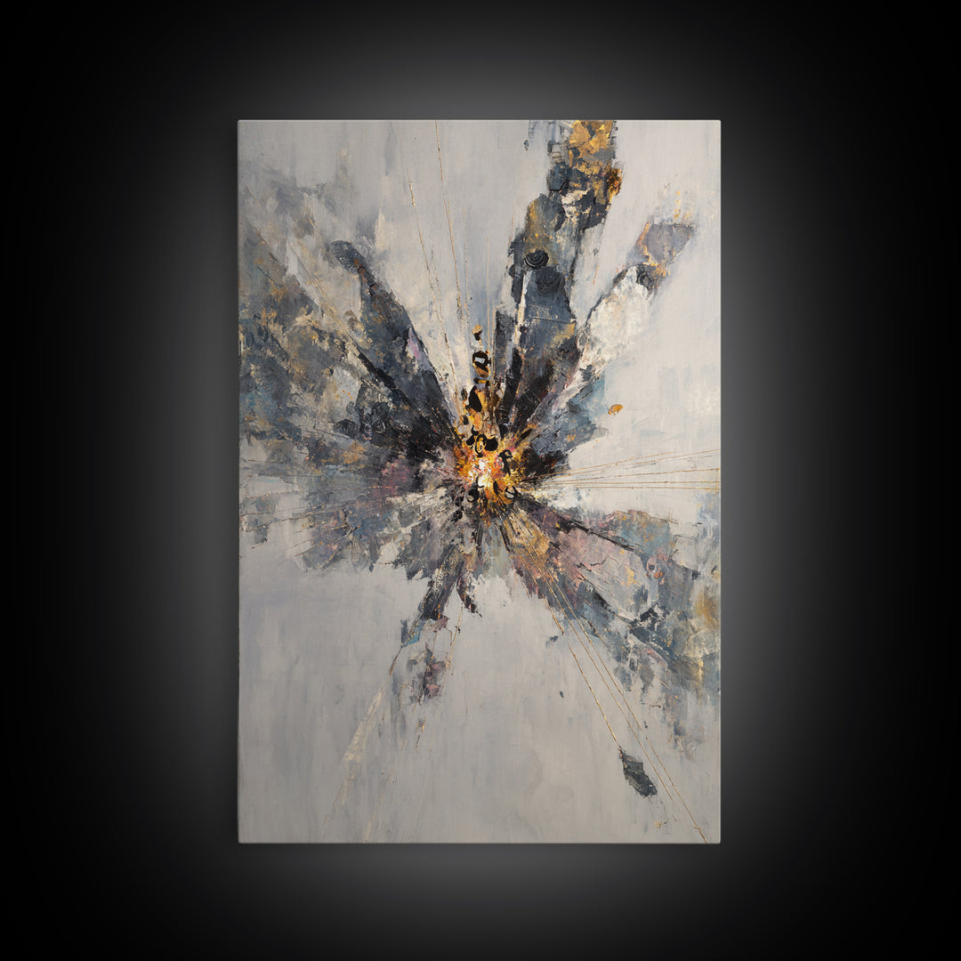 Explosive Gray Gold Abstract Burst Canvas Print, Modern Abstract Wall Art, Luxury Office Decor, Statement Living Room Art