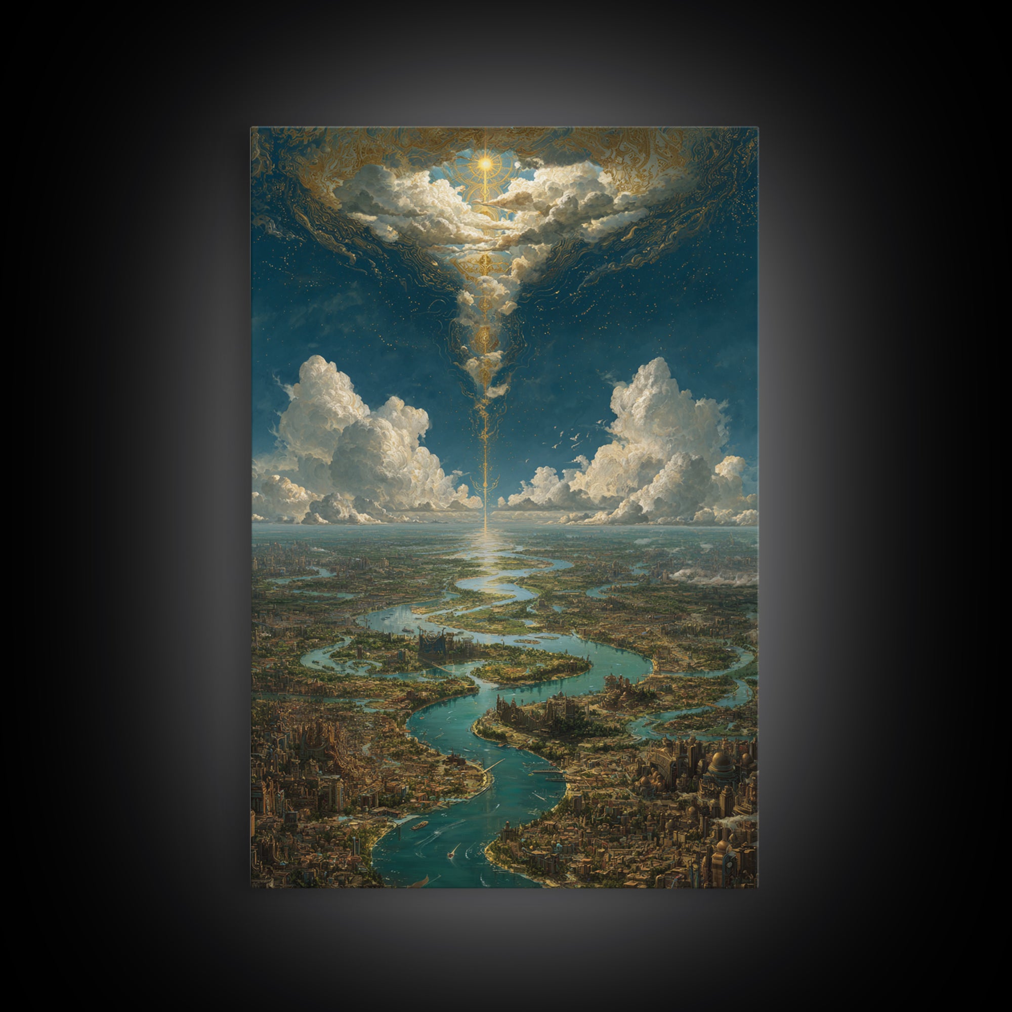 Celestial River City Under Radiant Clouds Wall Art, Dreamy Landscape Canvas Print, Spiritual Sky Decor, Large Home Art Gift