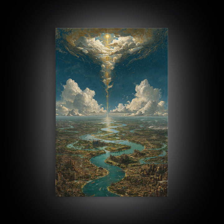 Celestial River City Under Radiant Clouds Wall Art, Dreamy Landscape Canvas Print, Spiritual Sky Decor, Large Home Art Gift