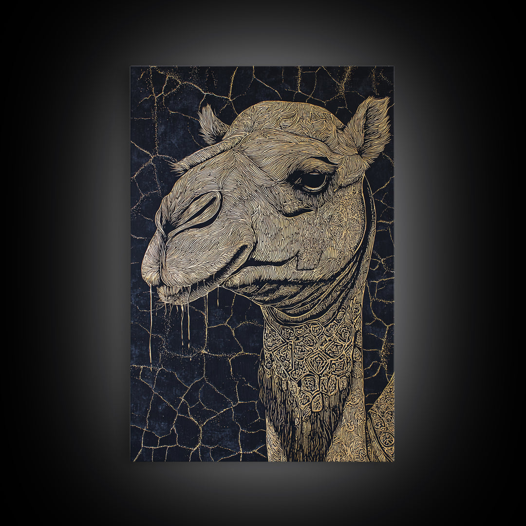 Intricate Gold Camel Portrait Canvas Print, African Safari Wall Art, Black And Gold Animal Art, Boho Desert Home Decor Gift
