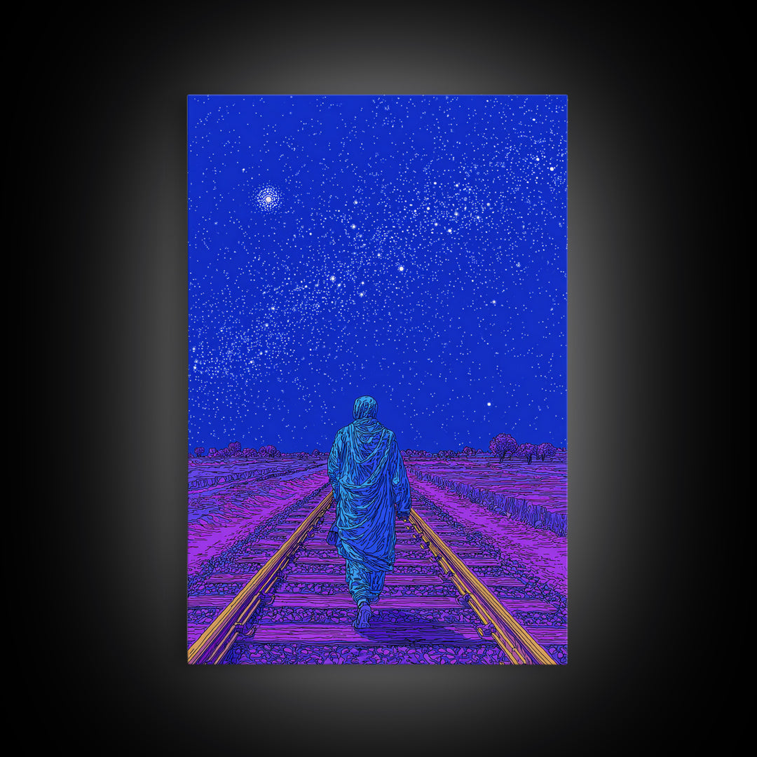 Lone Traveler On Neon Railroad Under Starry Sky Wall Art, Afrofuturism Canvas Print, Mystical Journey Decor, Blue Poster
