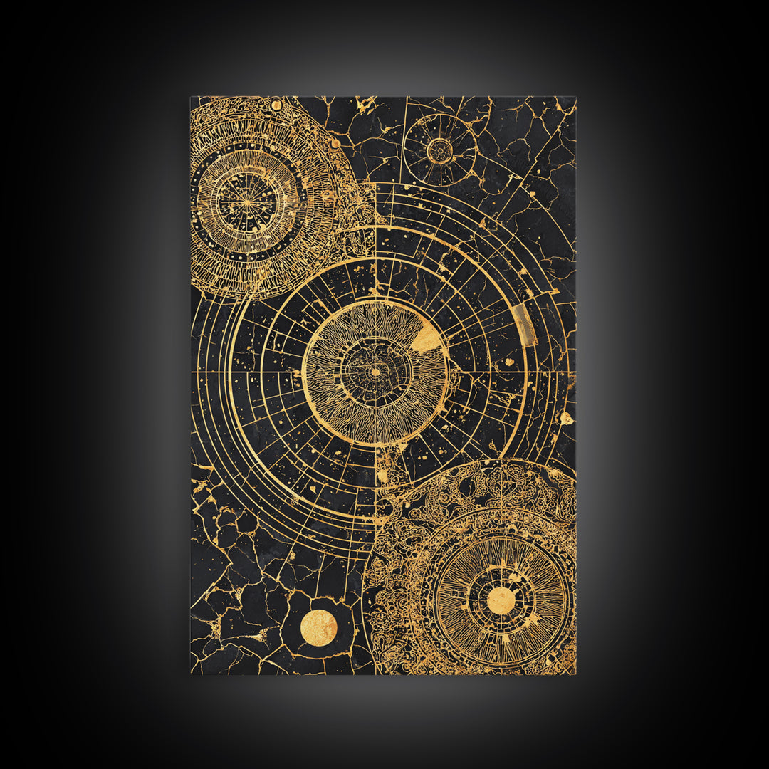 Gold Astronomical Circles On Black Stone Wall Art, Celestial Abstract Canvas Print, Luxury Geometric Decor, Modern Office Art