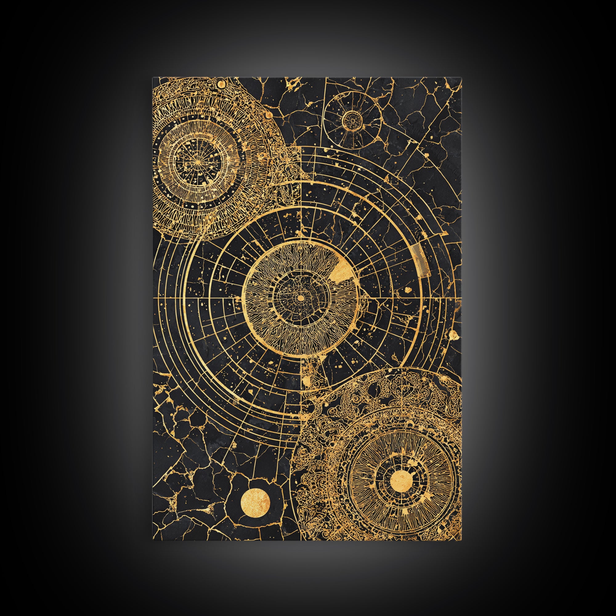Gold Astronomical Circles On Black Stone Wall Art, Celestial Abstract Canvas Print, Luxury Geometric Decor, Modern Office Art