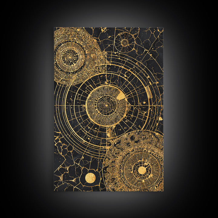 Gold Astronomical Circles On Black Stone Wall Art, Celestial Abstract Canvas Print, Luxury Geometric Decor, Modern Office Art