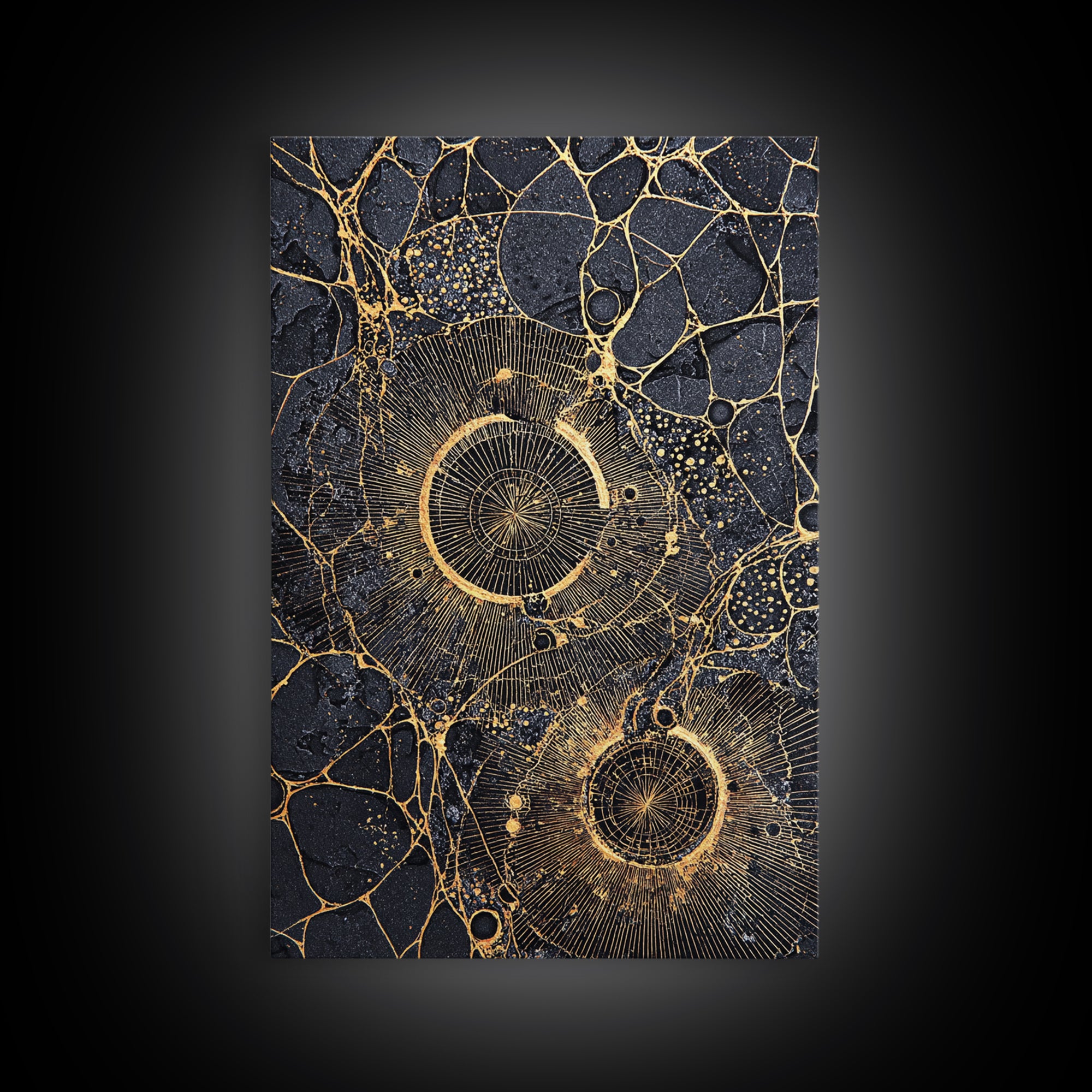 Black Gold Cellular Circles Abstract Wall Art, Textured Celestial Canvas Print, Luxury Modern Decor, Statement Office Art