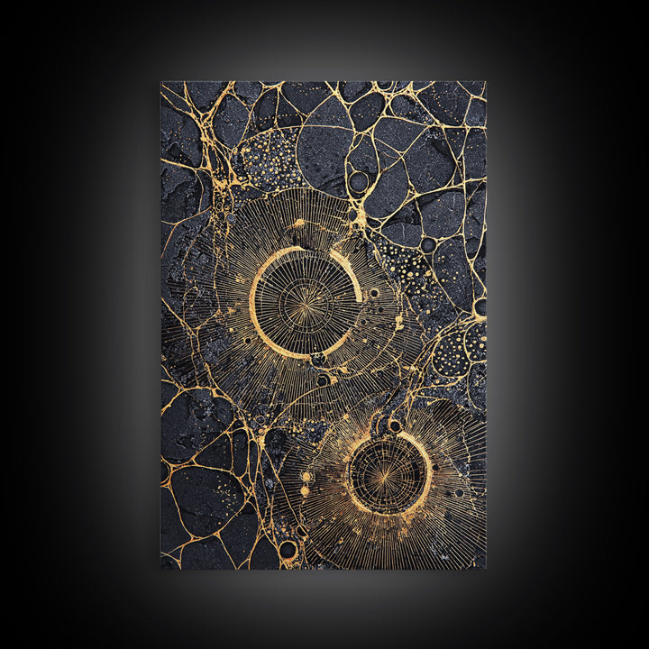 Black Gold Cellular Circles Abstract Wall Art, Textured Celestial Canvas Print, Luxury Modern Decor, Statement Office Art