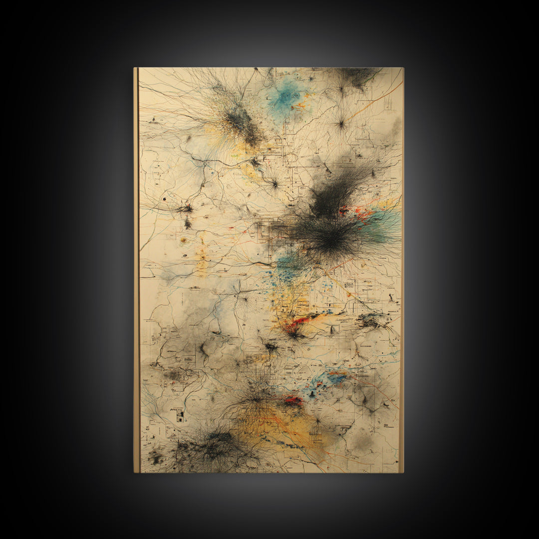 Smoky Beige Network Map Canvas Print, Abstract African Art Decor, Modern Office Wall Decor, Teal Black Gold Line Artwork