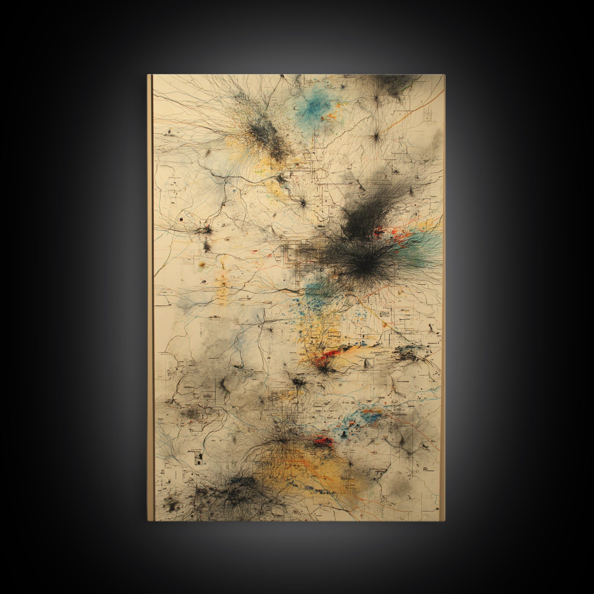 Smoky Beige Network Map Canvas Print, Abstract African Art Decor, Modern Office Wall Decor, Teal Black Gold Line Artwork