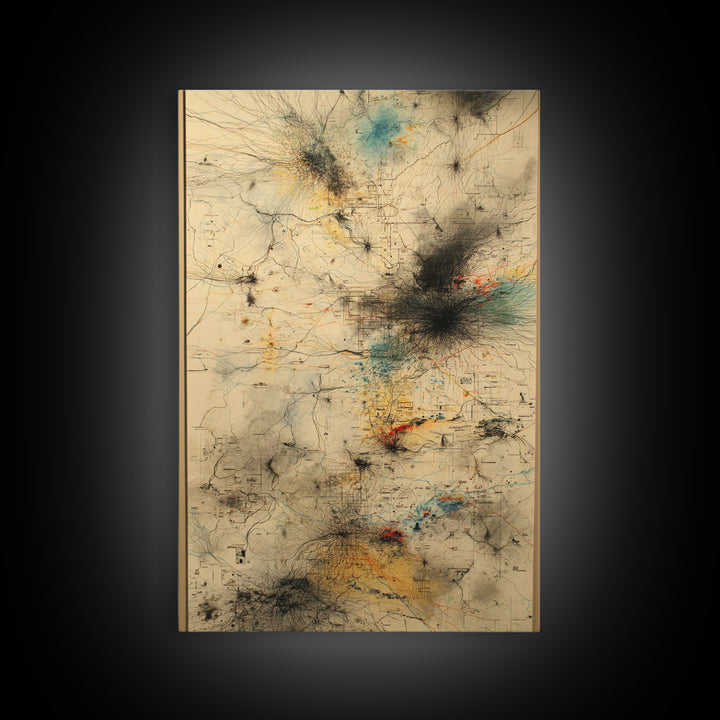 Smoky Beige Network Map Canvas Print, Abstract African Art Decor, Modern Office Wall Decor, Teal Black Gold Line Artwork