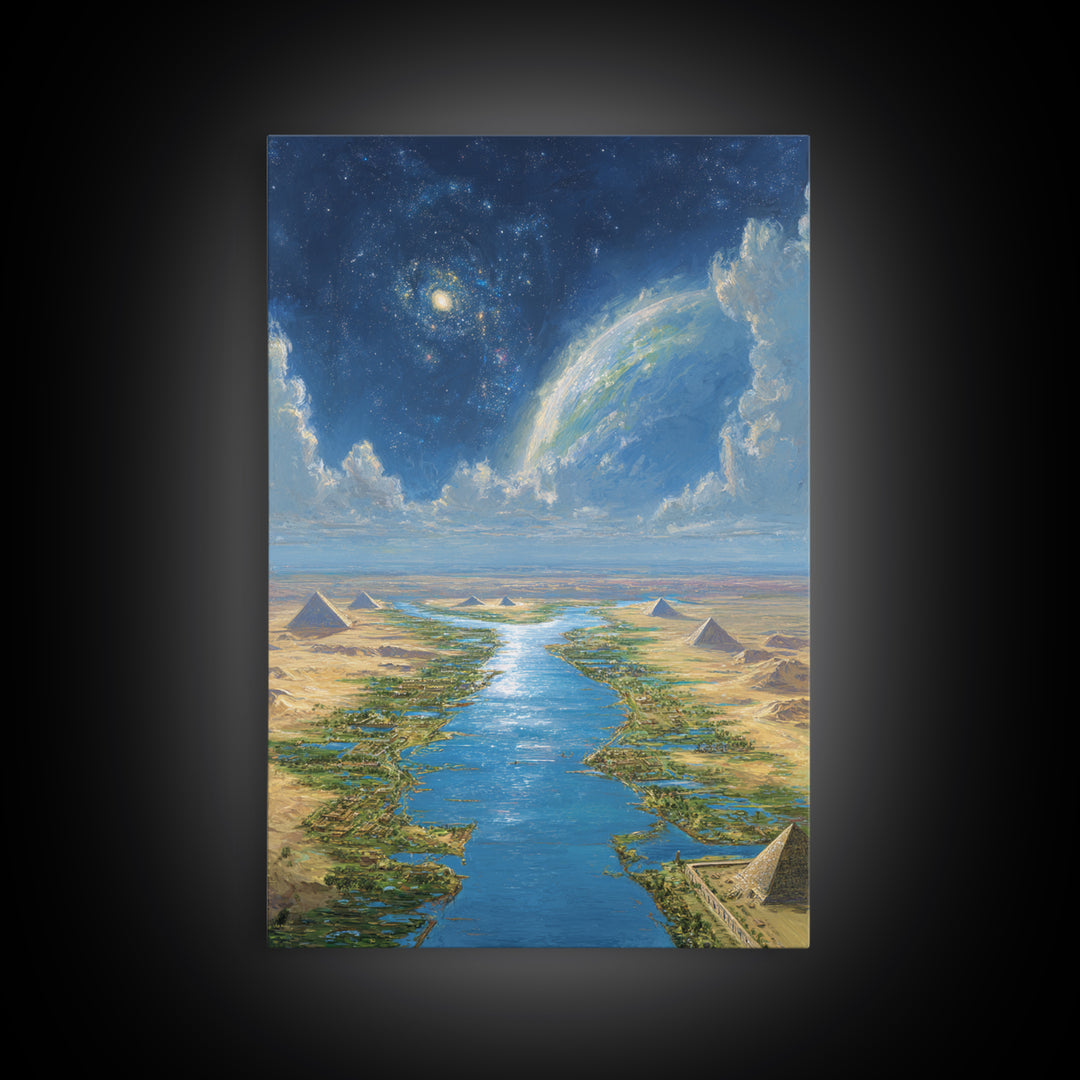 Cosmic Nile Pyramids Landscape Framed Canvas Print, African Egyptian Art, Desert River Wall Decor, Mystical Ancient Artwork