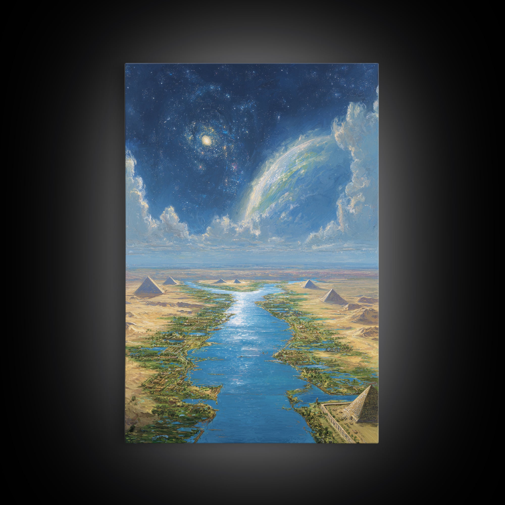 Cosmic Nile Pyramids Landscape Framed Canvas Print, African Egyptian Art, Desert River Wall Decor, Mystical Ancient Artwork