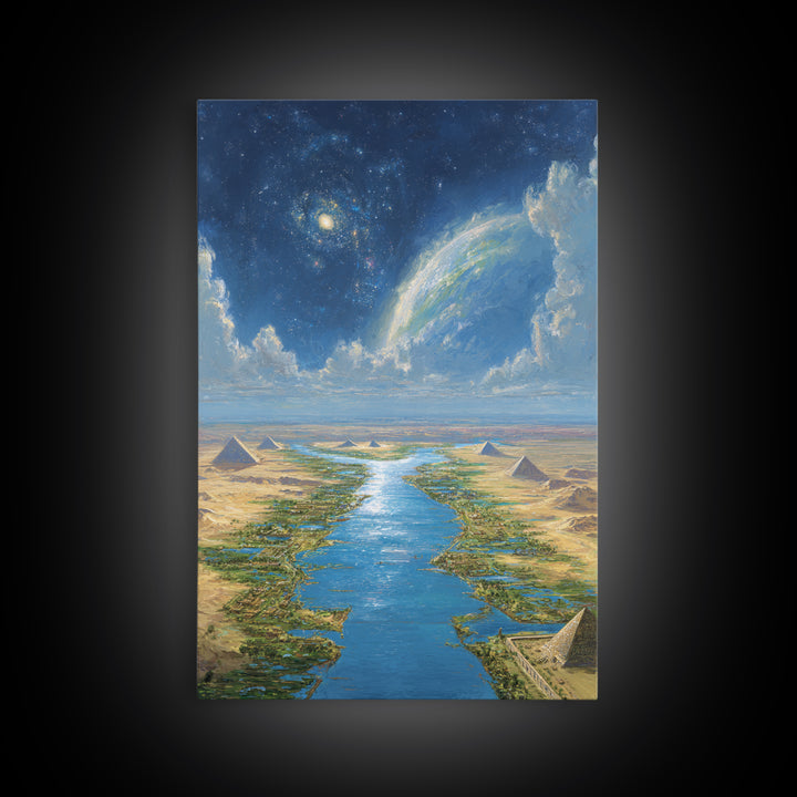 Cosmic Nile Pyramids Landscape Framed Canvas Print, African Egyptian Art, Desert River Wall Decor, Mystical Ancient Artwork