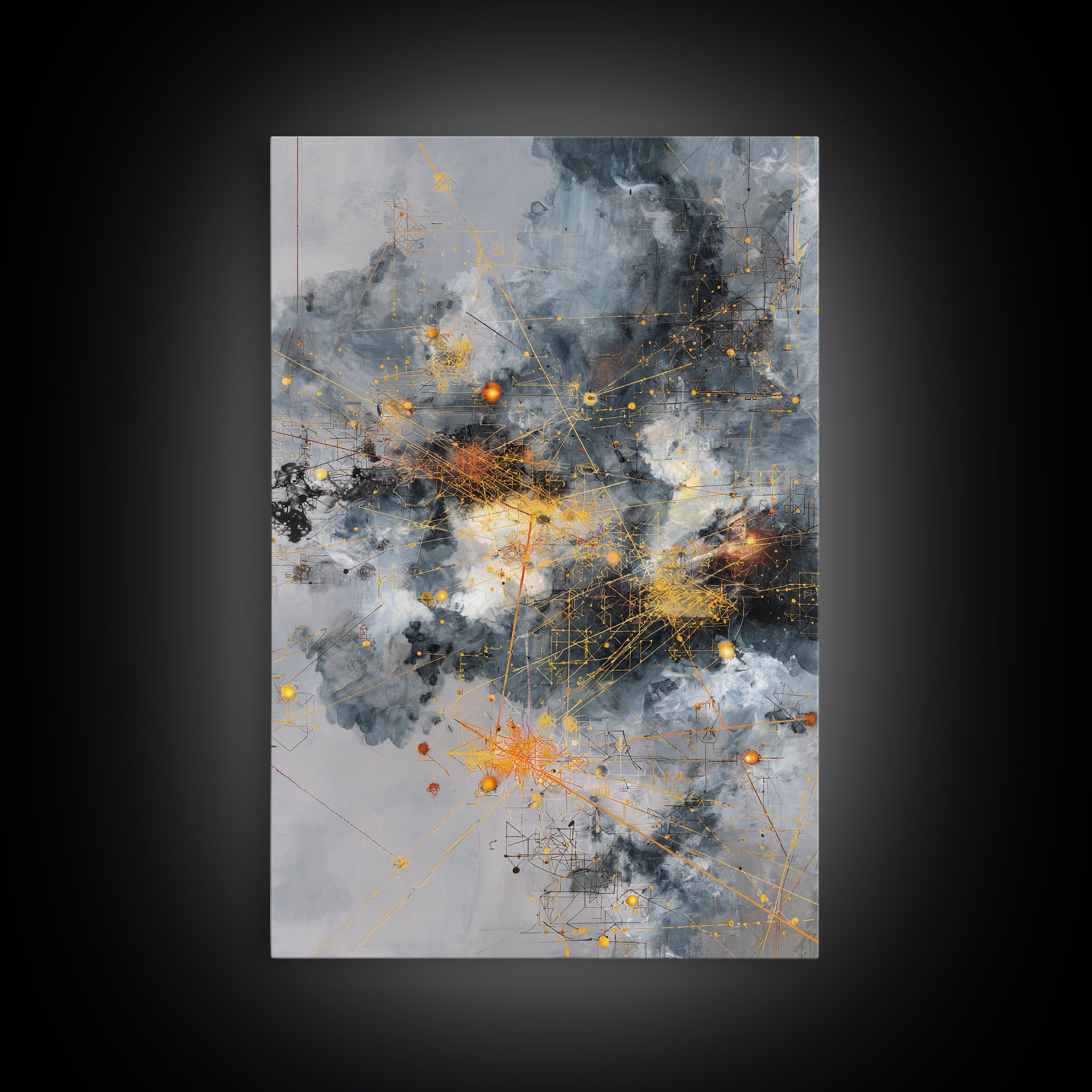 Stormy Gray Gold Network Canvas Print, Abstract African Art Decor, Modern Office Wall Art, Industrial Geometric Line Artwork