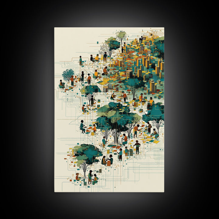 Vibrant African City Community Wall Art, Afrocentric Urban Landscape, Black Culture Art, Modern Teal Gold Decor Canvas Print