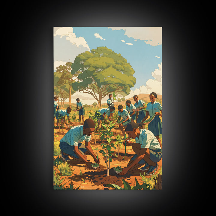 African School Garden Tree Planting Framed Canvas Print, Black Children Art, Community Nature Scene, Cultural Wall Decor