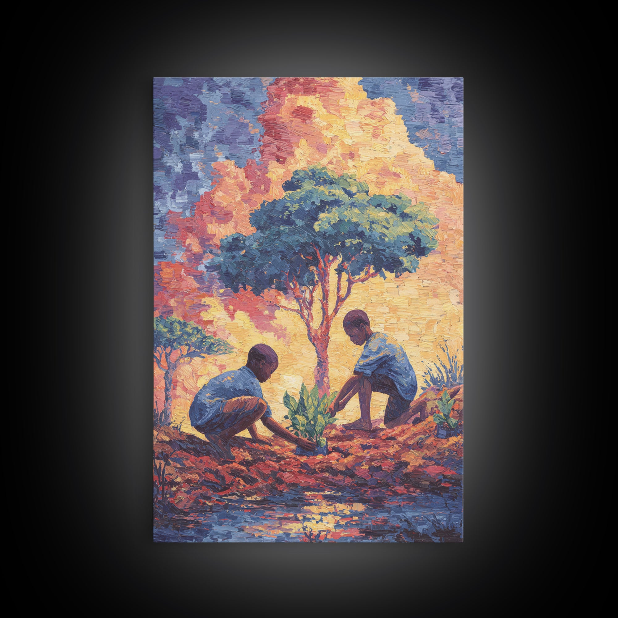 Two Boys Plant Saplings By River Under Acacia Tree Wall Art, African Landscape, Afrocentric Decor, Earth Tone Home Decor