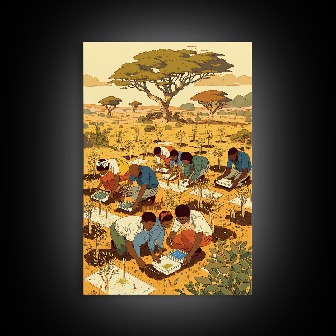 Children Planting Saplings In Golden Savanna Canvas Print, African Safari Art, Classroom Decor, Cultural Artwork Gift For Kids