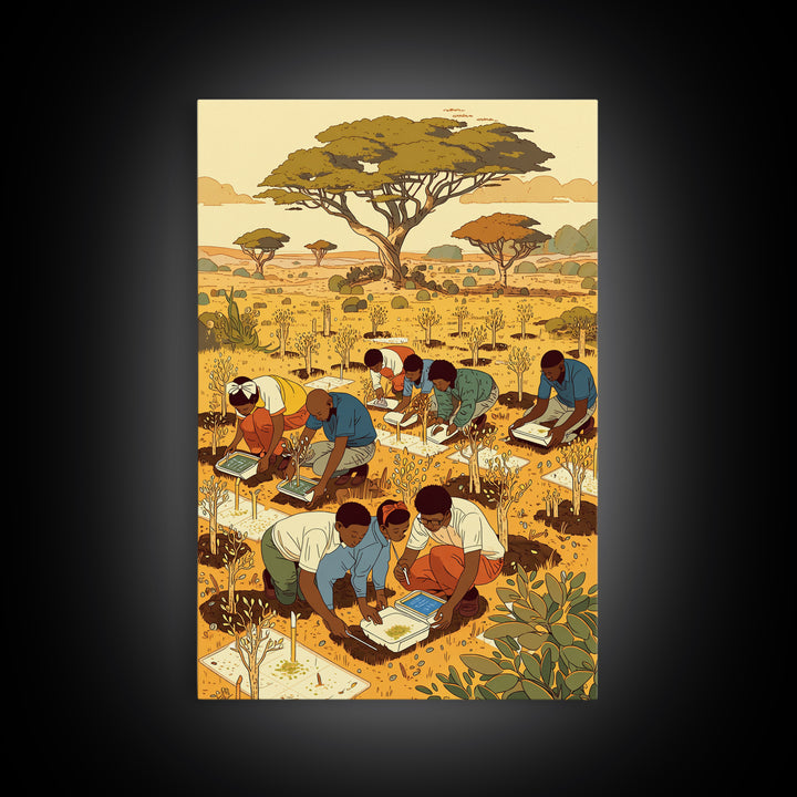 Children Planting Saplings In Golden Savanna Canvas Print, African Safari Art, Classroom Decor, Cultural Artwork Gift For Kids