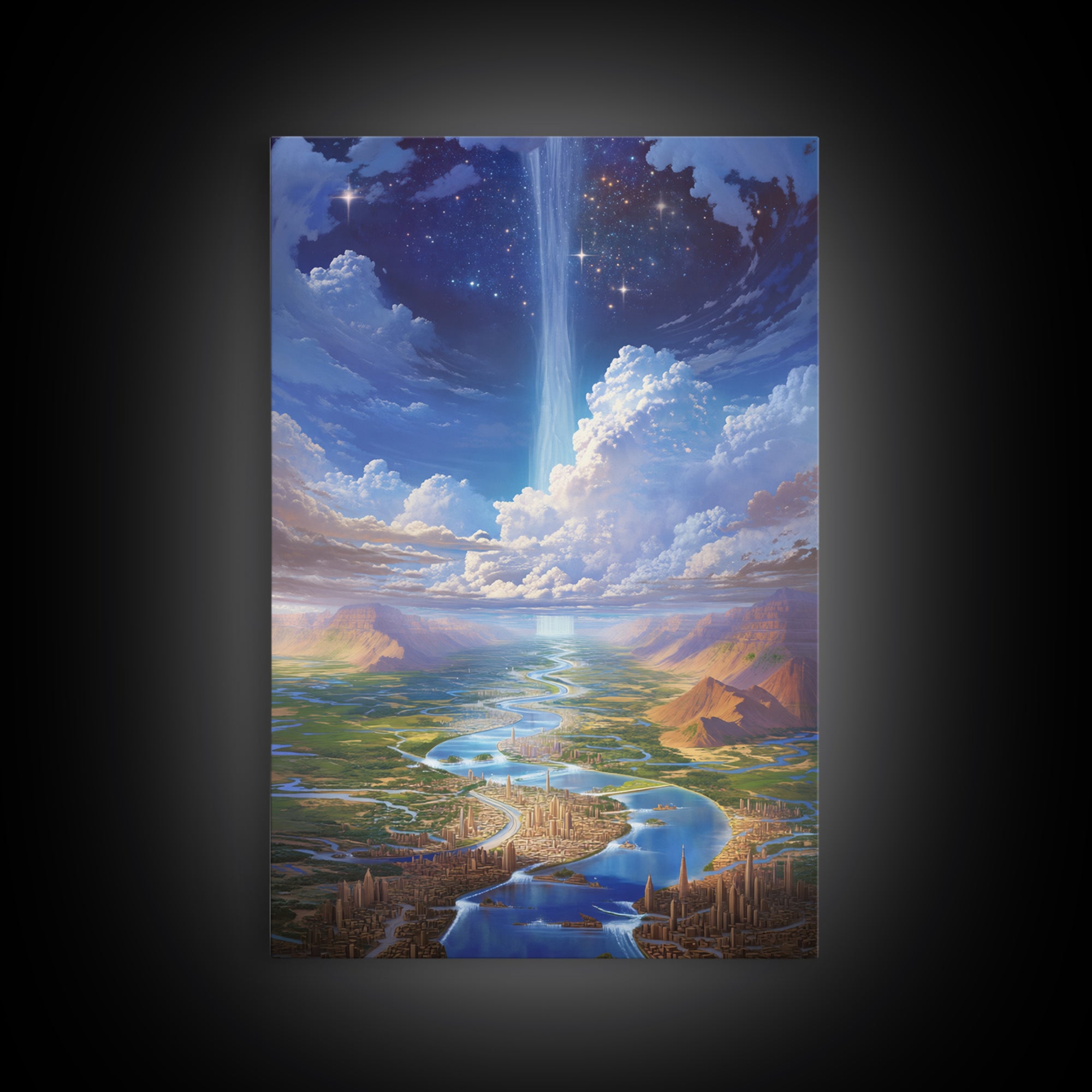 Celestial River City With Starry Waterfall Canvas Print, Dreamy Wall Art, Blue Home Decor Gift, Large Decor Art, Statement Wall Art