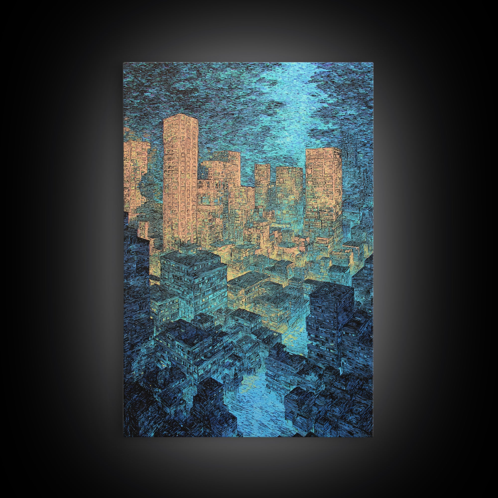 Textured Blue Gold City Skyline Wall Art, Modern Urban Office Decor, Contemporary Canvas, Luxury Canvas Art Print, Large Wall Art Prints
