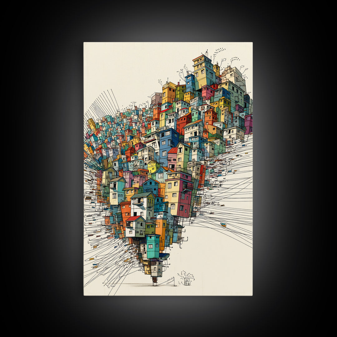 Stacked Colorful Hillside Houses Framed Canvas Print, Urban Wall Art, Geometric Design, Bold Home Decor Gift, Statement Wall Art