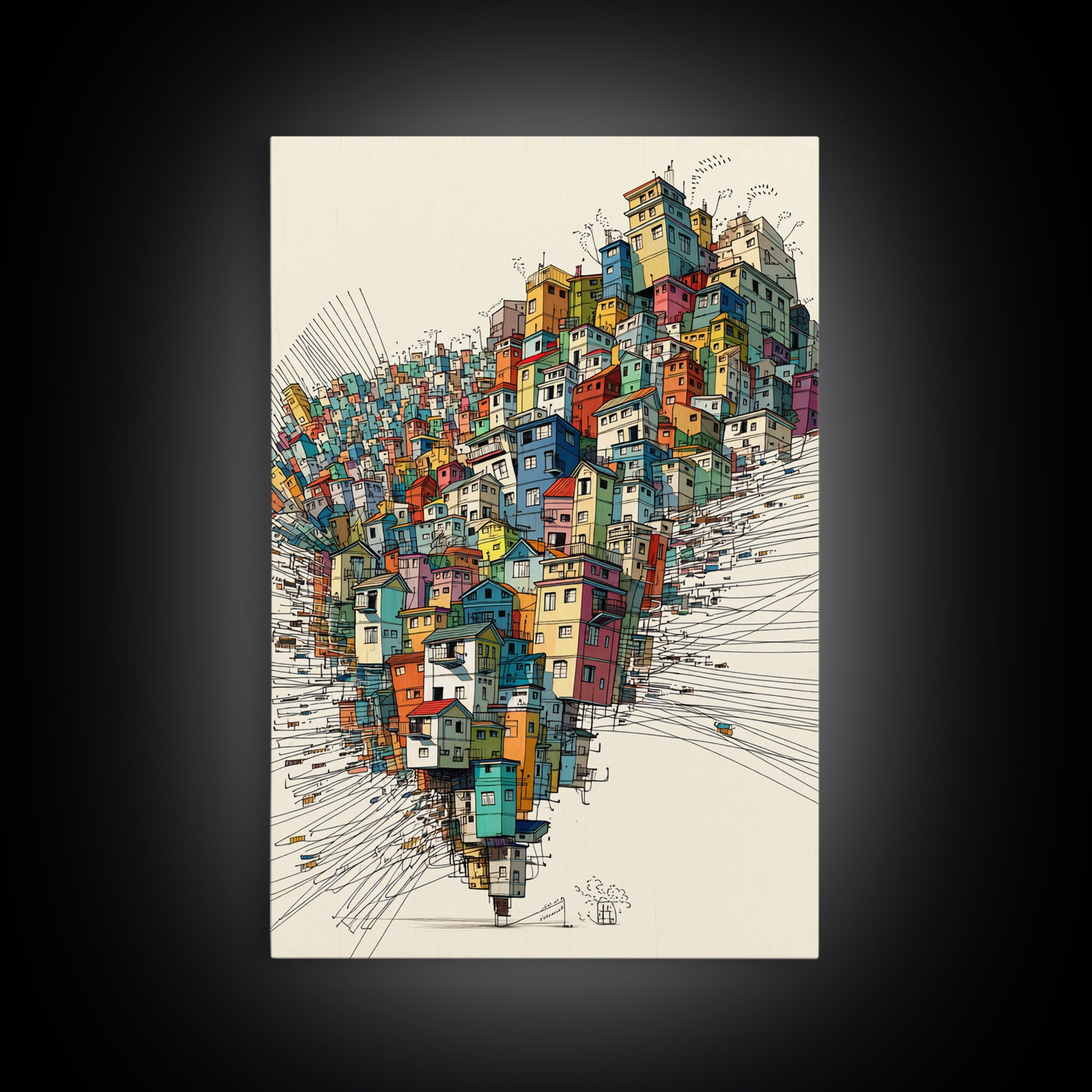 Stacked Colorful Hillside Houses Framed Canvas Print, Urban Wall Art, Geometric Design, Bold Home Decor Gift, Statement Wall Art