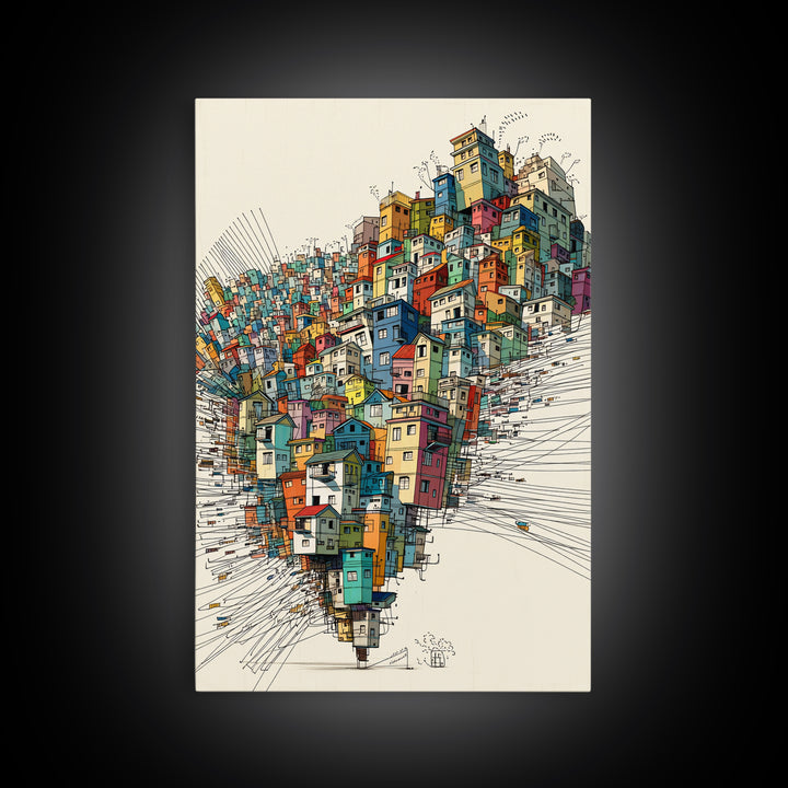 Stacked Colorful Hillside Houses Framed Canvas Print, Urban Wall Art, Geometric Design, Bold Home Decor Gift, Statement Wall Art