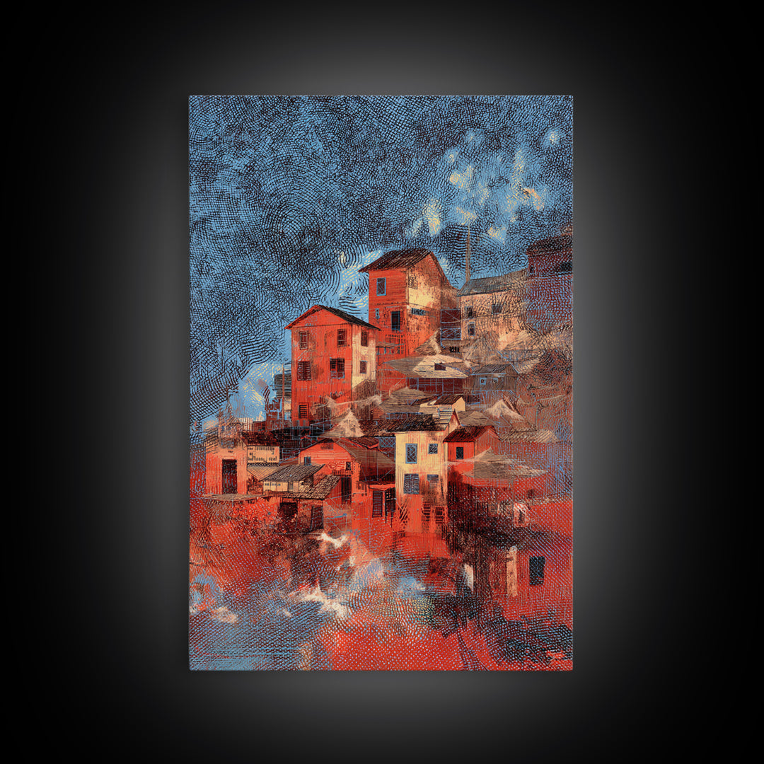 Red Hillside Village At Starry Night Canvas Print, Cozy Winter Wall Art, Rustic Decor, Unique Home Decor Gift, Orange Blue Painting
