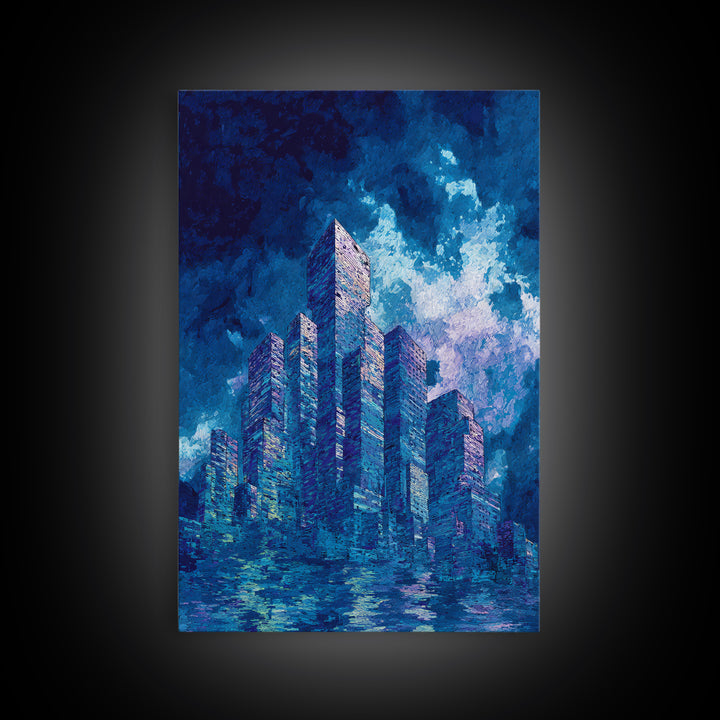 Blue Futuristic Skyline Framed Canvas Print, Modern City Wall Decor, Urban Architecture Art, Luxury Canvas Art For Office
